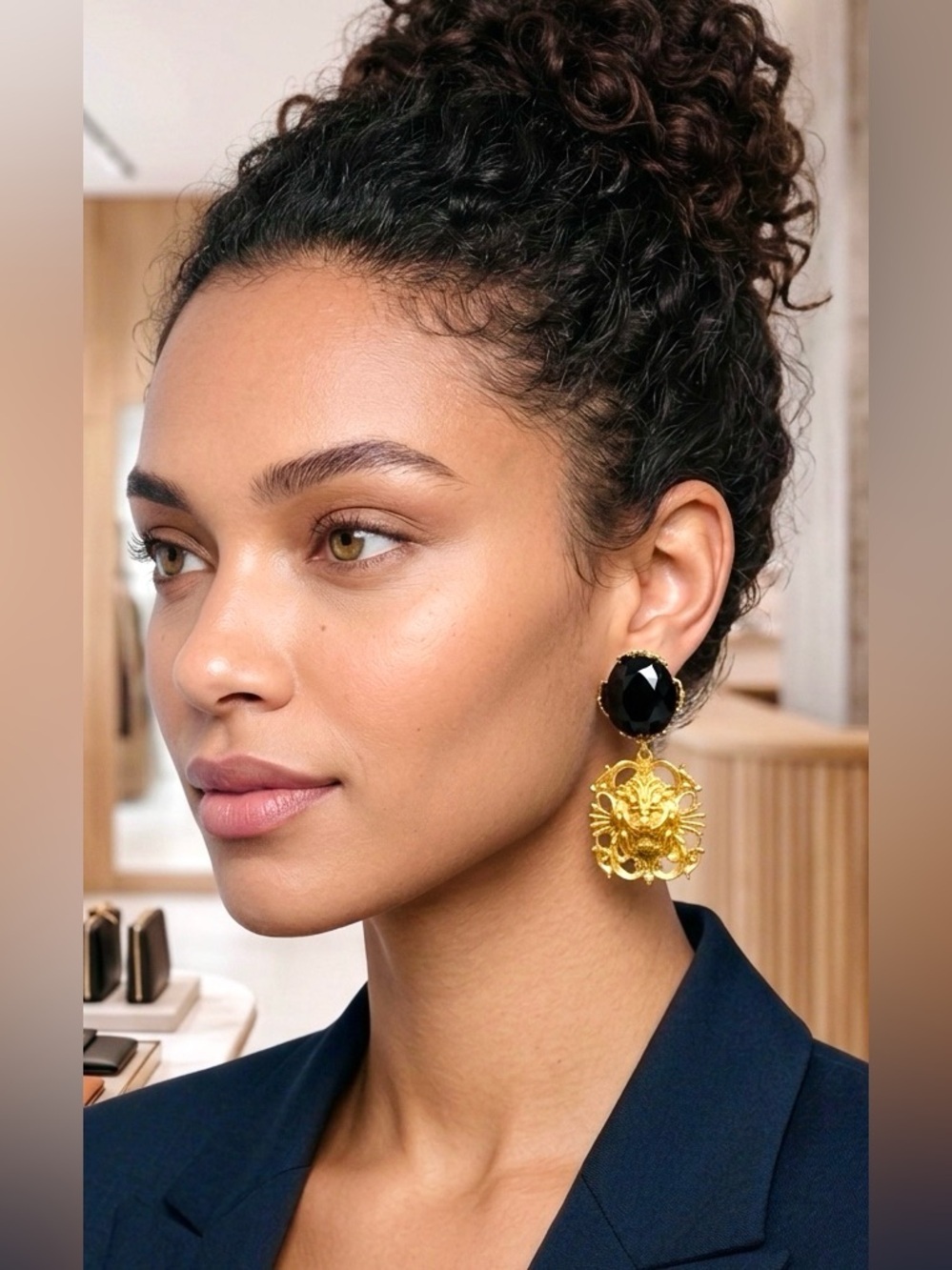 Vintage Black & Gold Lion Head Statement Earrings